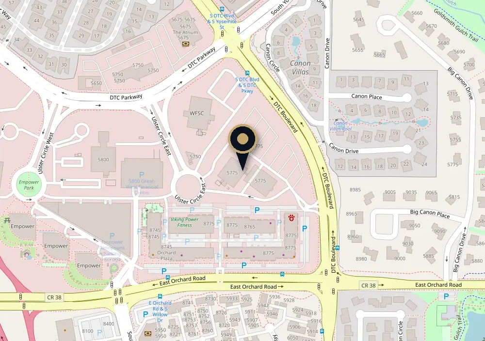 Map of the Senior Solutions Insurance office at 5775 DTC Blvd, between DTC Parkway and East Orchard Road, Greenwood Village